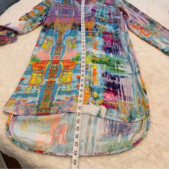Renuar Women's Multicolor V Neck High Low Shirt Dress Ruched Back Size M - Picture 6 of 9